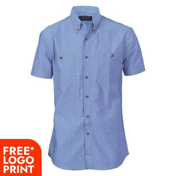 Mens Cotton Chambray Short Sleeve Shirt Twin Pocket Thumbnail